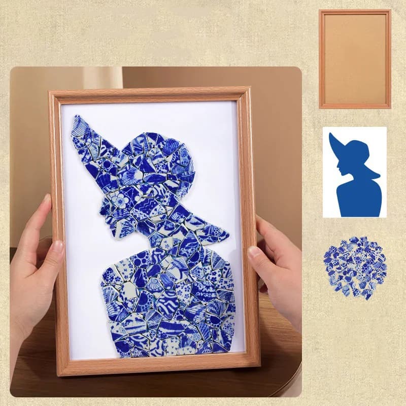 DIY Blue and White Porcelain Mosaic Art Kit Chinese Style Ceramic Fragment Collage Painting Handmade Craft Set With Photo Frame