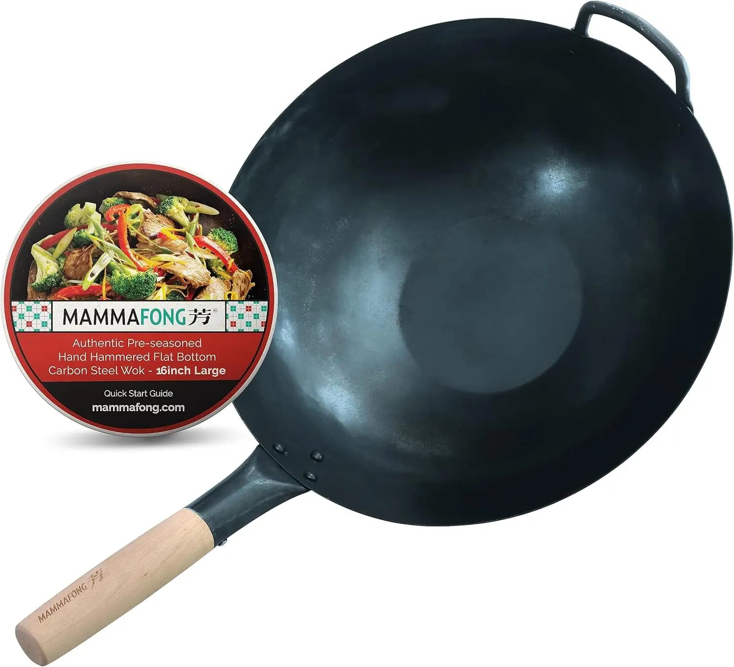 Wok Tradizionale in Acciaio al Carbonio da 16 Pollici con Fondo Piatto - Martellato a Mano, Rivestimento Antiaderente per Stir-Fry