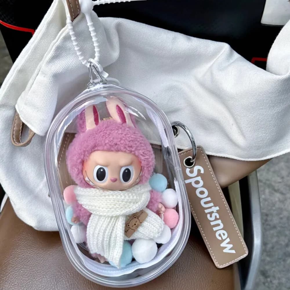 V1 V2 Labubu Custodia protettiva Borsa da seduta per bambola in cotone Bambola trasparente 17 cm Borsa per bambola in peluche appesa antipolvere per asciugare la polvere
