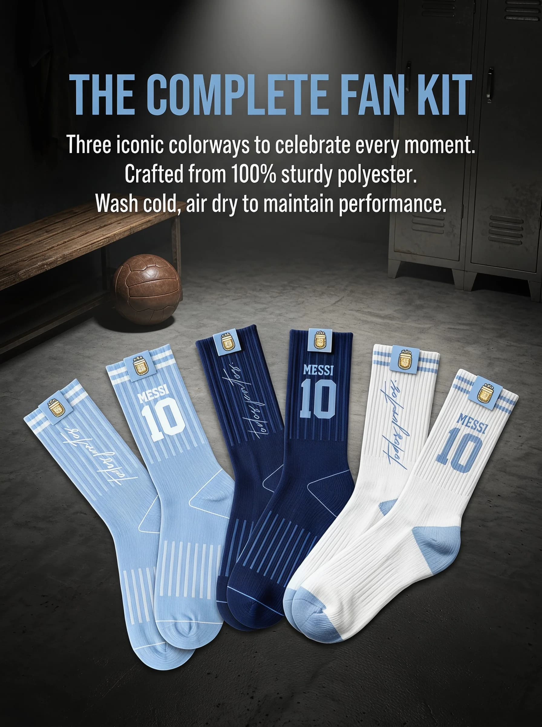 Officially Licensed Argentina AFA Tri-Color GOAT Messi No.10 Casual Long Socks, 3 Pairs Gift Box Set for Training