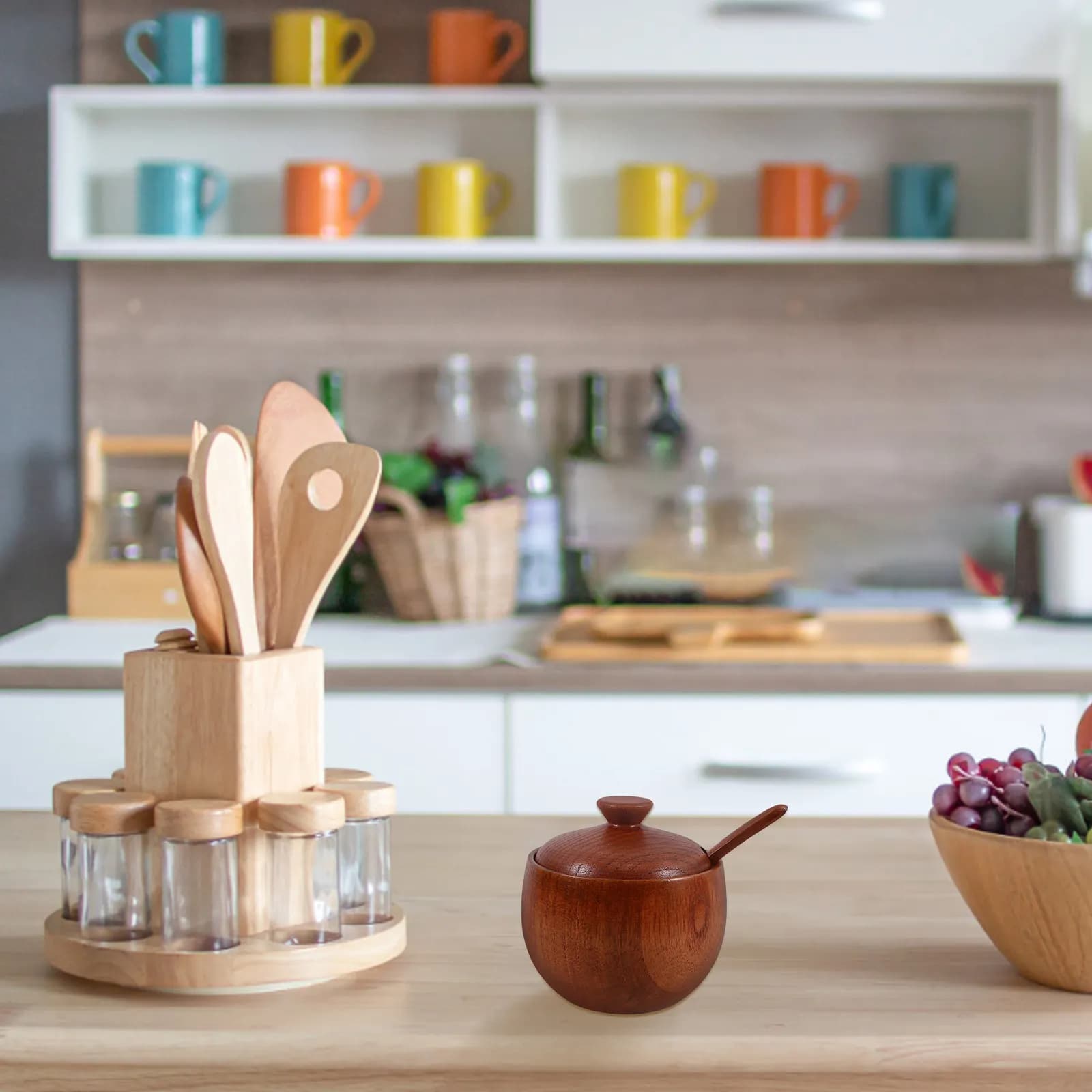 Set di Barattoli in Legno per Condimenti con Coperchio e Cucchiaino, Stile Vintage, Contenitore per Sale, Zucchero e Spezie, Barattolo in Legno per Cucina