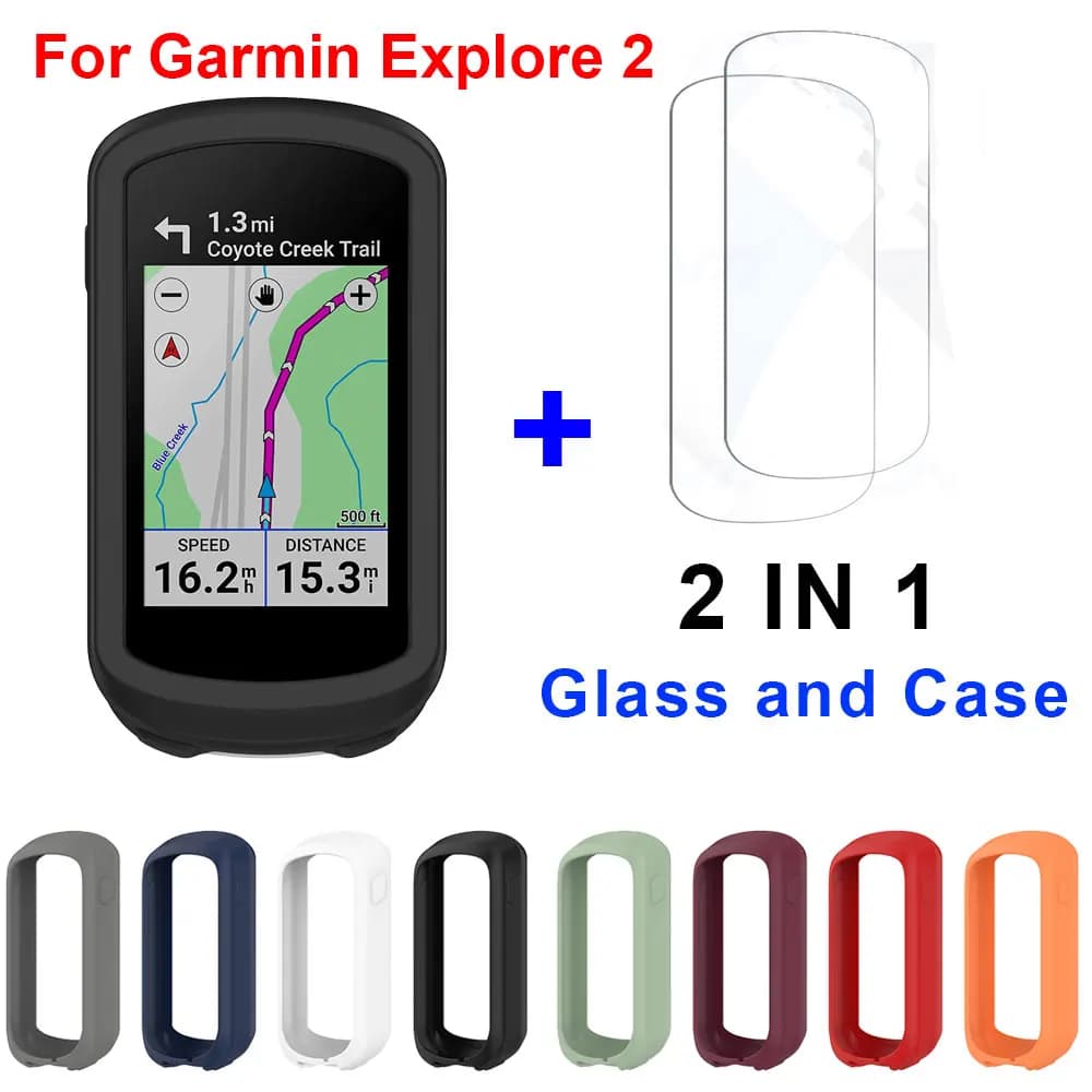 Custodia protettiva 2 in 1 per Garmin Edge Explore 2 + pellicola protettiva in vetro Custodia protettiva in silicone per bicicletta per Garmin Explore2