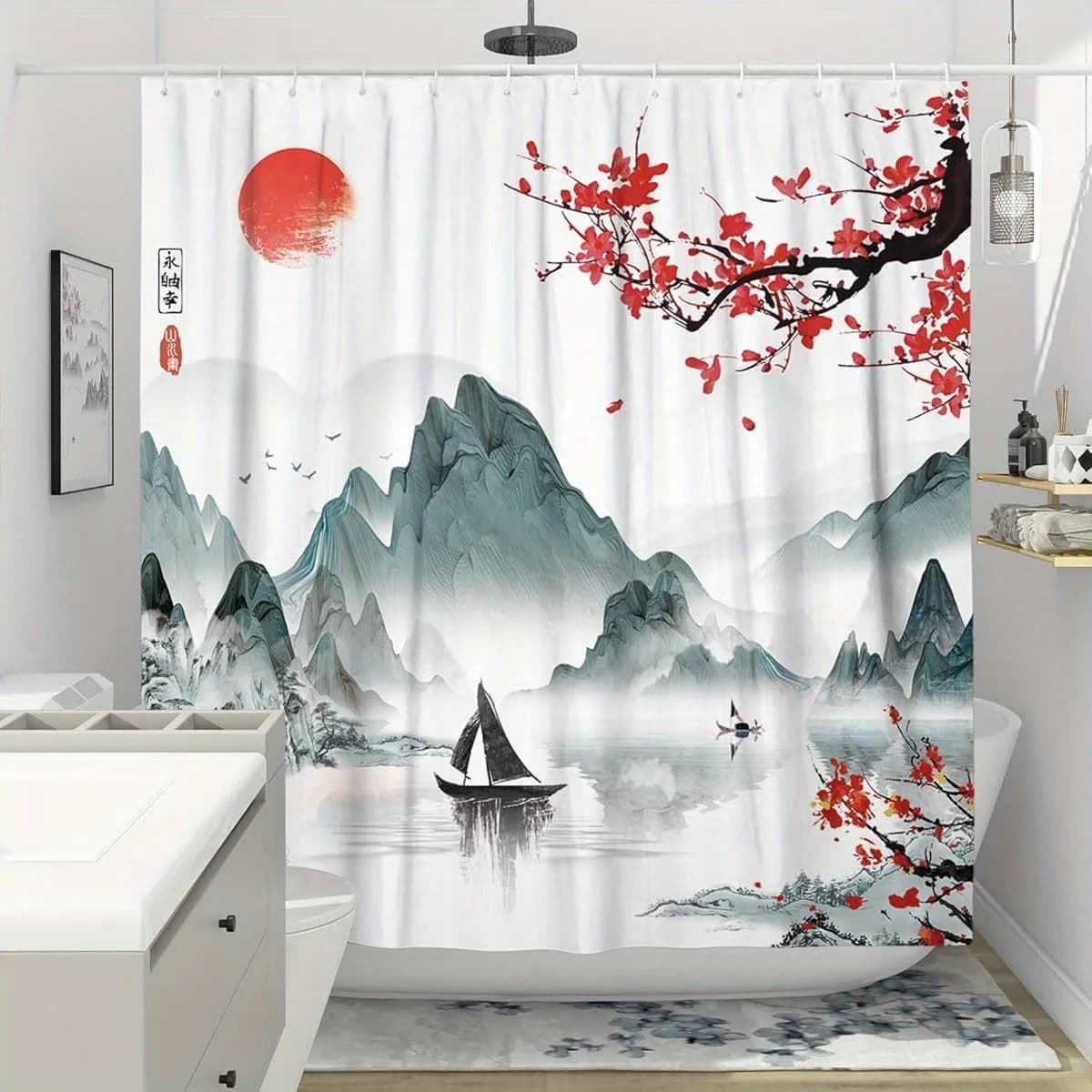 Set di tende da doccia giapponesi Sakura Tenda da doccia per bagno anime asiatico, tessuto in poliestere decorativo con arte astratta ad acquerello fresco