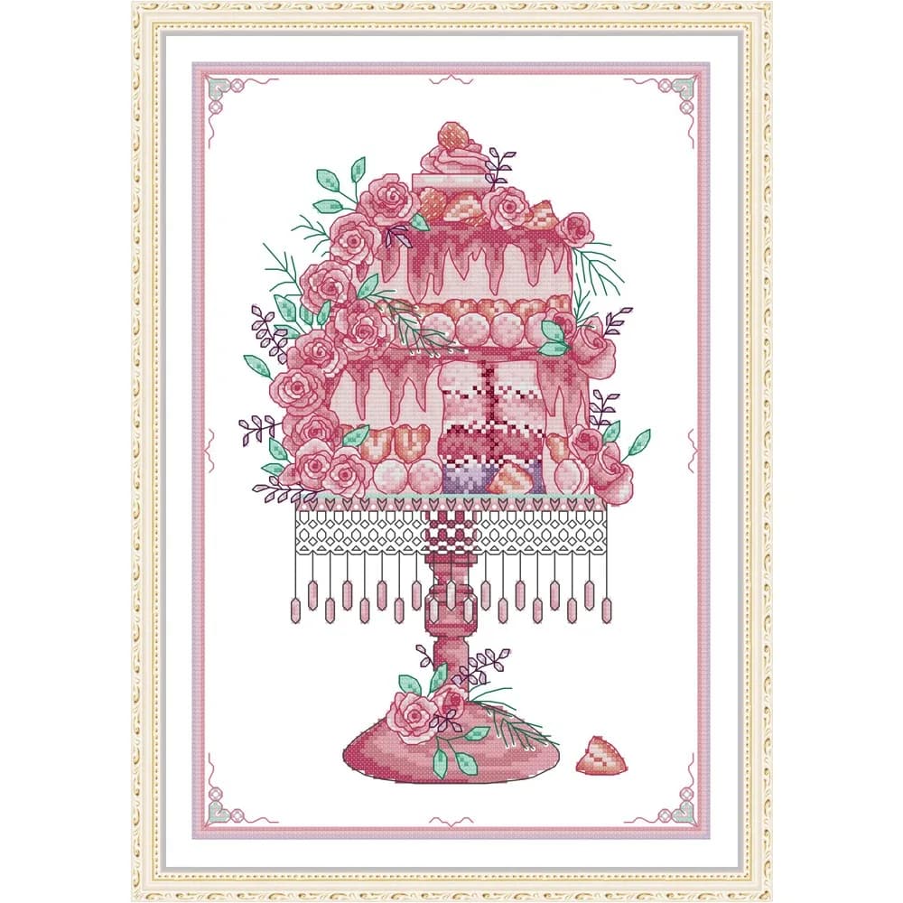Joy Sunday News Pre-Printed Cross Stitch Kit, Stamped Aida Fabric With DMC Threads, Embroidery Kit - Strawberry Rose Cake