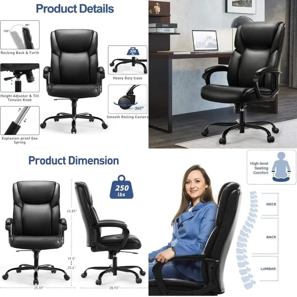 Sedia da Ufficio Ergonomica in Pelle con Schienale Alto, Altezza Regolabile e Supporto Lombare per Uso Domestico ed Esecutivo