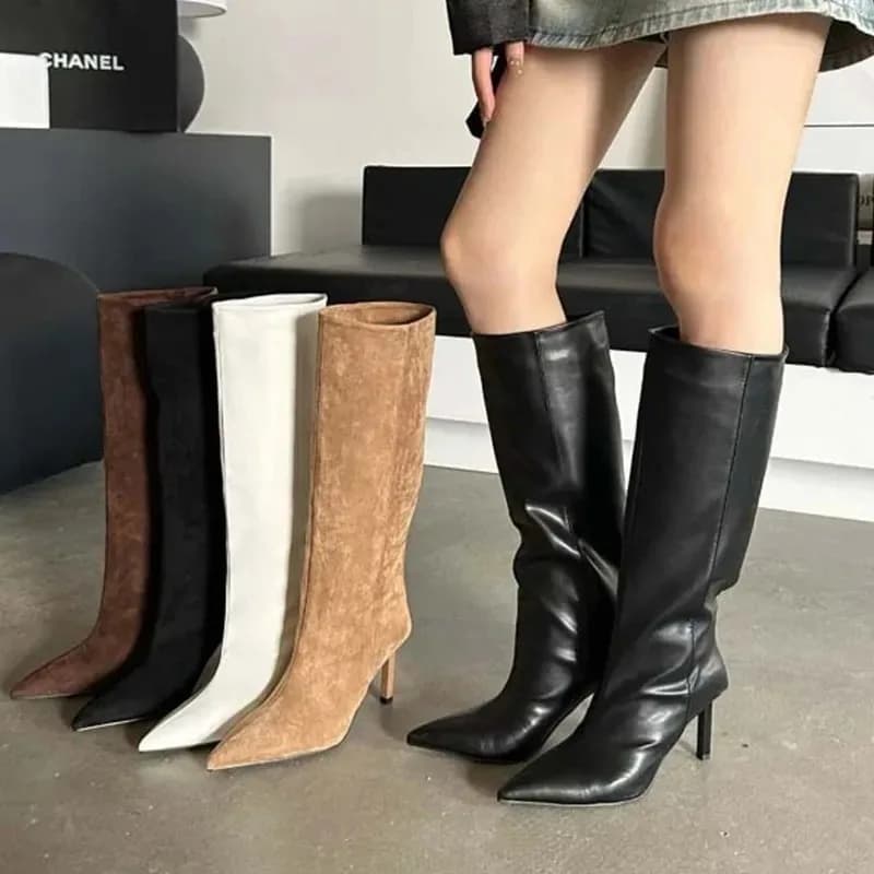 Stivali lunghi da donna di lusso Stivali slouch in pelle scamosciata moda Stivali con tacco alto con punta a punta stile francese per scarpe firmate da donna Botas Mujer