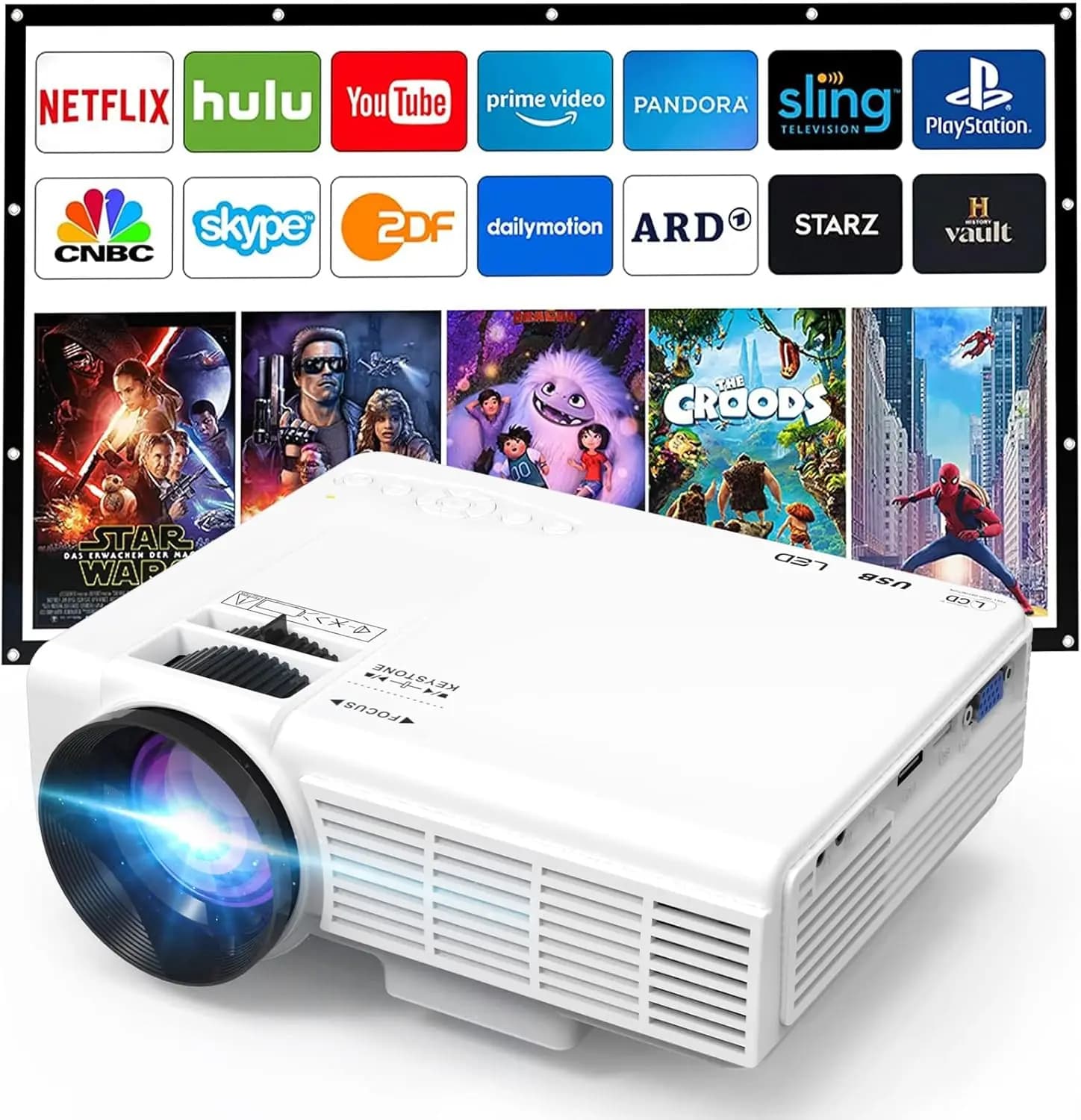 Mini Proiettore 1080P Full HD Portatile per Home Theater Compatibile con TV Stick Smartphone HDMI USB AV TF