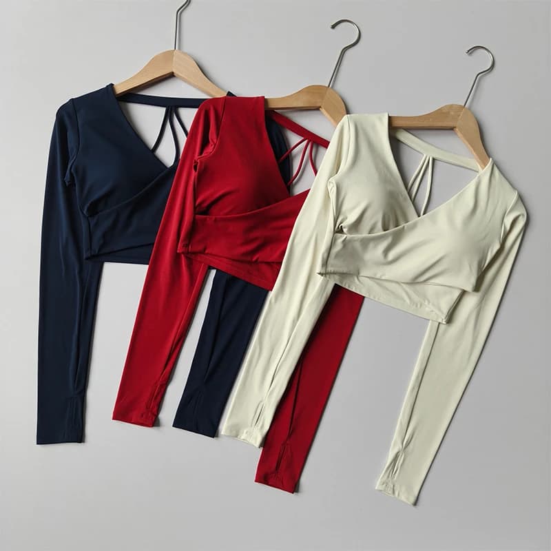 Gym Designed V-neck Long-sleeved Crossover Sports T-shirt for Women Short Crop Top Slim Backless Pilates Yoga Wear for Women