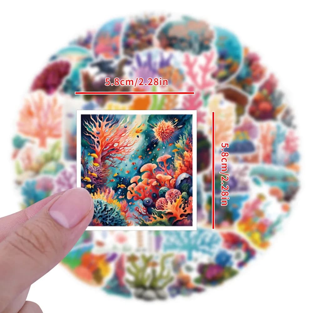 55 Pcs Vibrant Coral Reef Life Stickers Waterproof Ocean Themed Decorative Decals for Stationery Journal Water Bottle Laptop