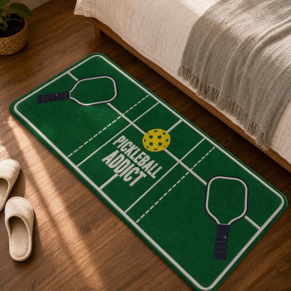 Long flannel carpet with Green Sport Field graphics, non-slip, absorbent, washable, sports theme floor carpet