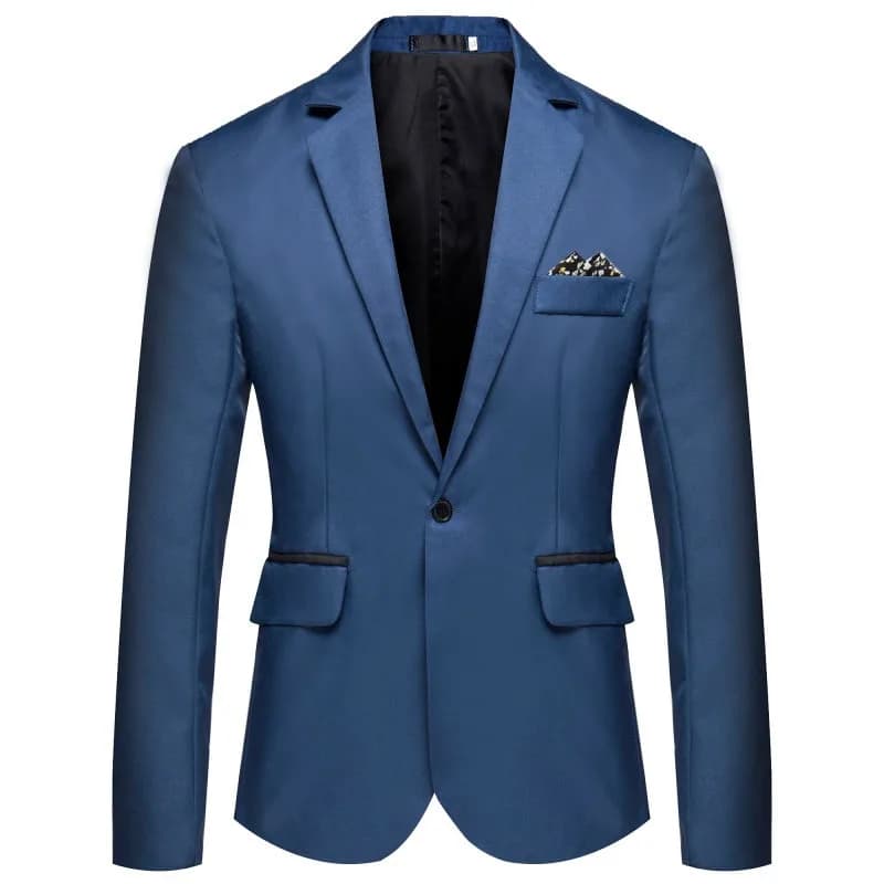 Blazer blu da uomo slim fit a un bottone, giacca casual elegante con pochette da taschino
