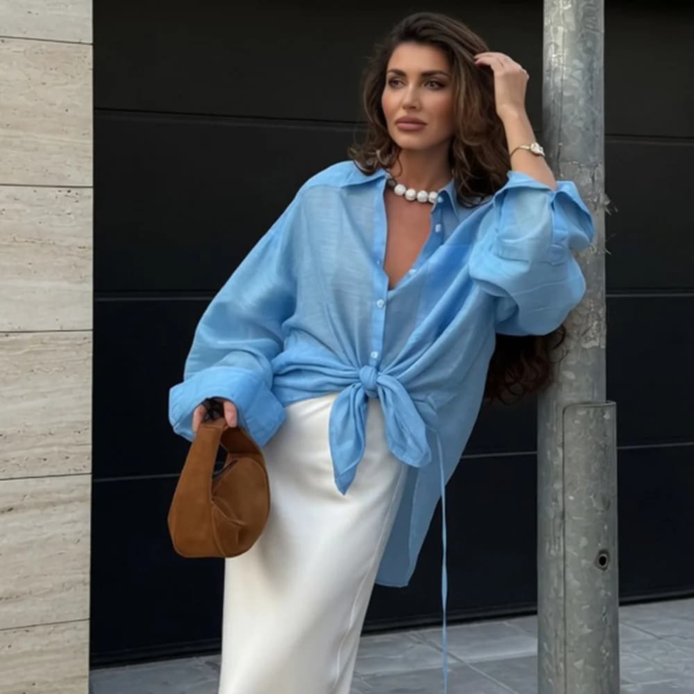 Talenza Camicette da donna autunnali Moda Risvolto Solido Casual Allentato Vedere attraverso Cardigan Top Nuova camicia femminile per pendolari di High Street