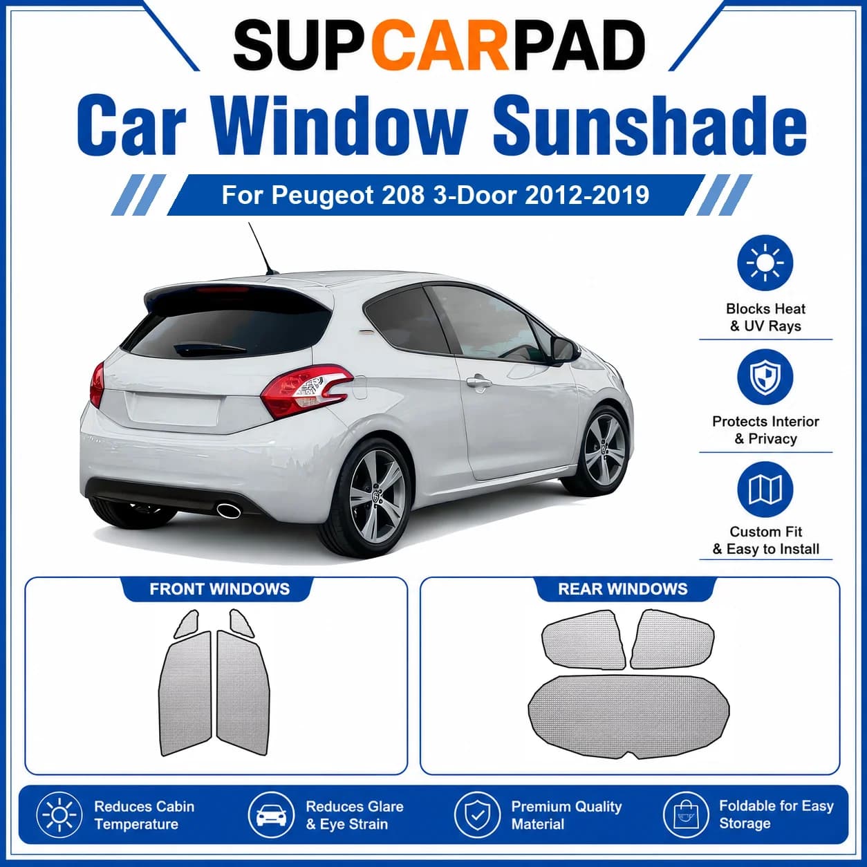 For Peugeot - Peugeot 208 3-Door 2012-2019 Full Set Car Window Sunshades UV Block Privacy Heat Insulated Foldable Car Curtain