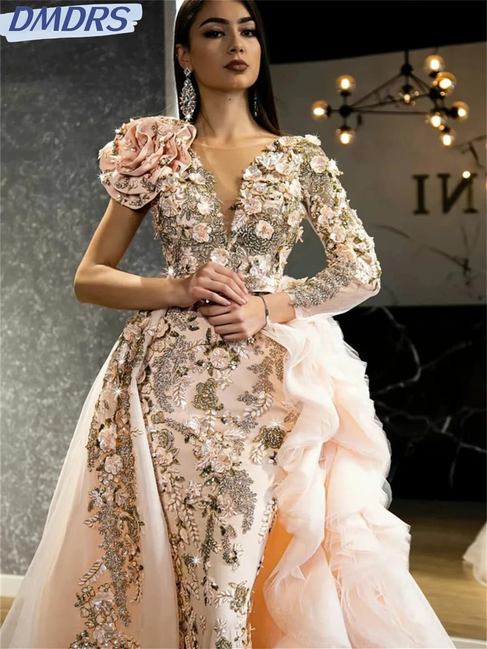 Abiti da sera lussuosi con fiori 3D 2026, abito da sposa classico con perline, elegante abito da ballo a maniche lunghe lungo fino al pavimento, Vestidos De Novia