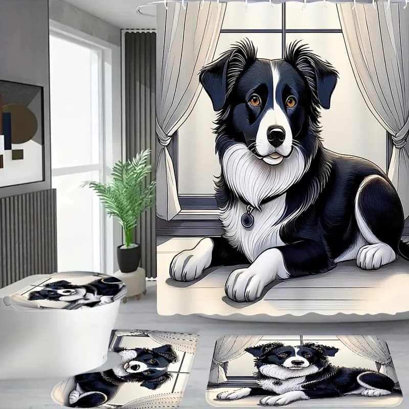 Set di tende da doccia Border Collie da 1 o 4 pezzi con, copriwater e tappeto a forma di U - Bagno con motivo cane bianco e nero,