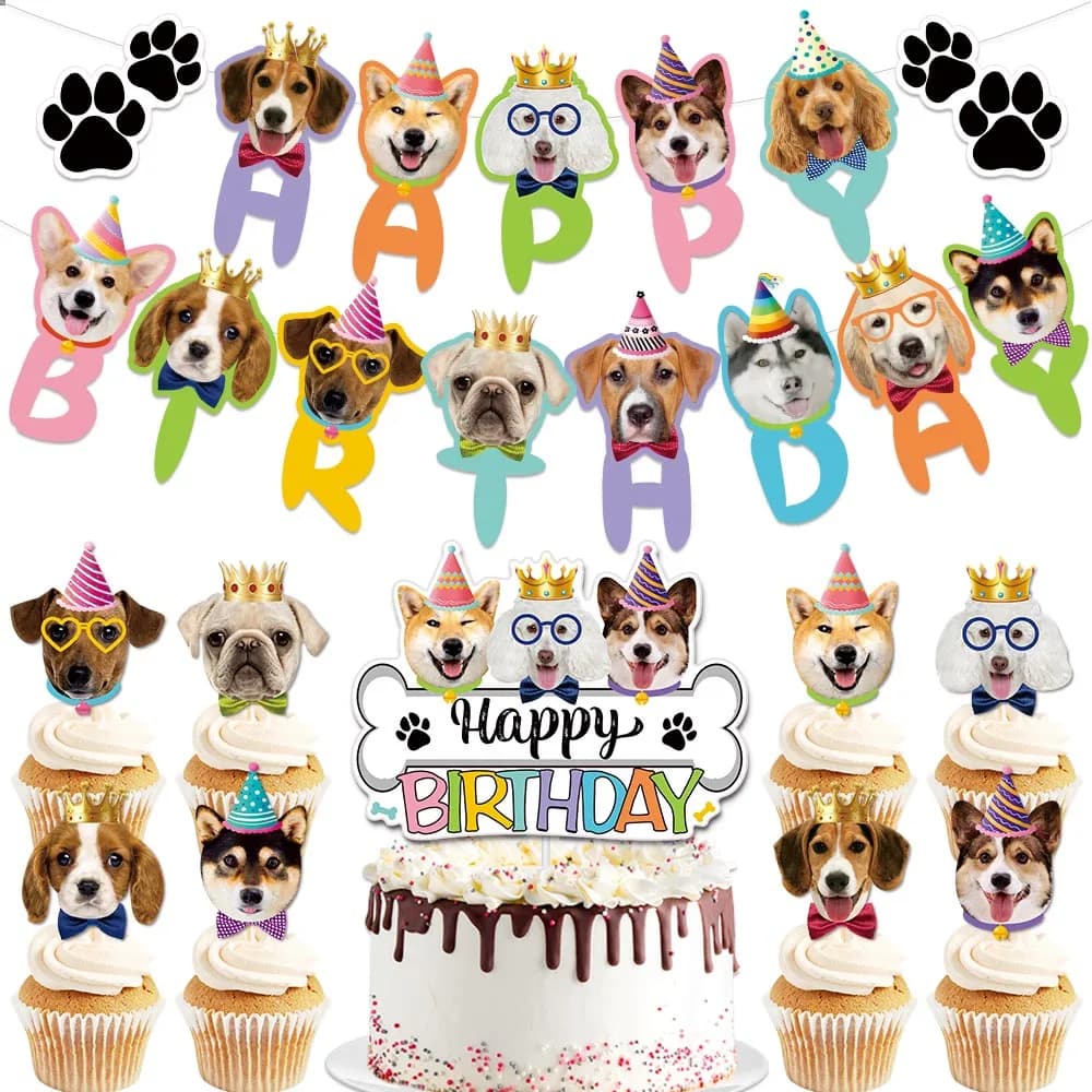 Dog Cake Topper Banner bandiere buon compleanno Hawaii Cupcake Toppers Baby Shower Kids Girl Boy Party DIY Baking Mariage Decoration