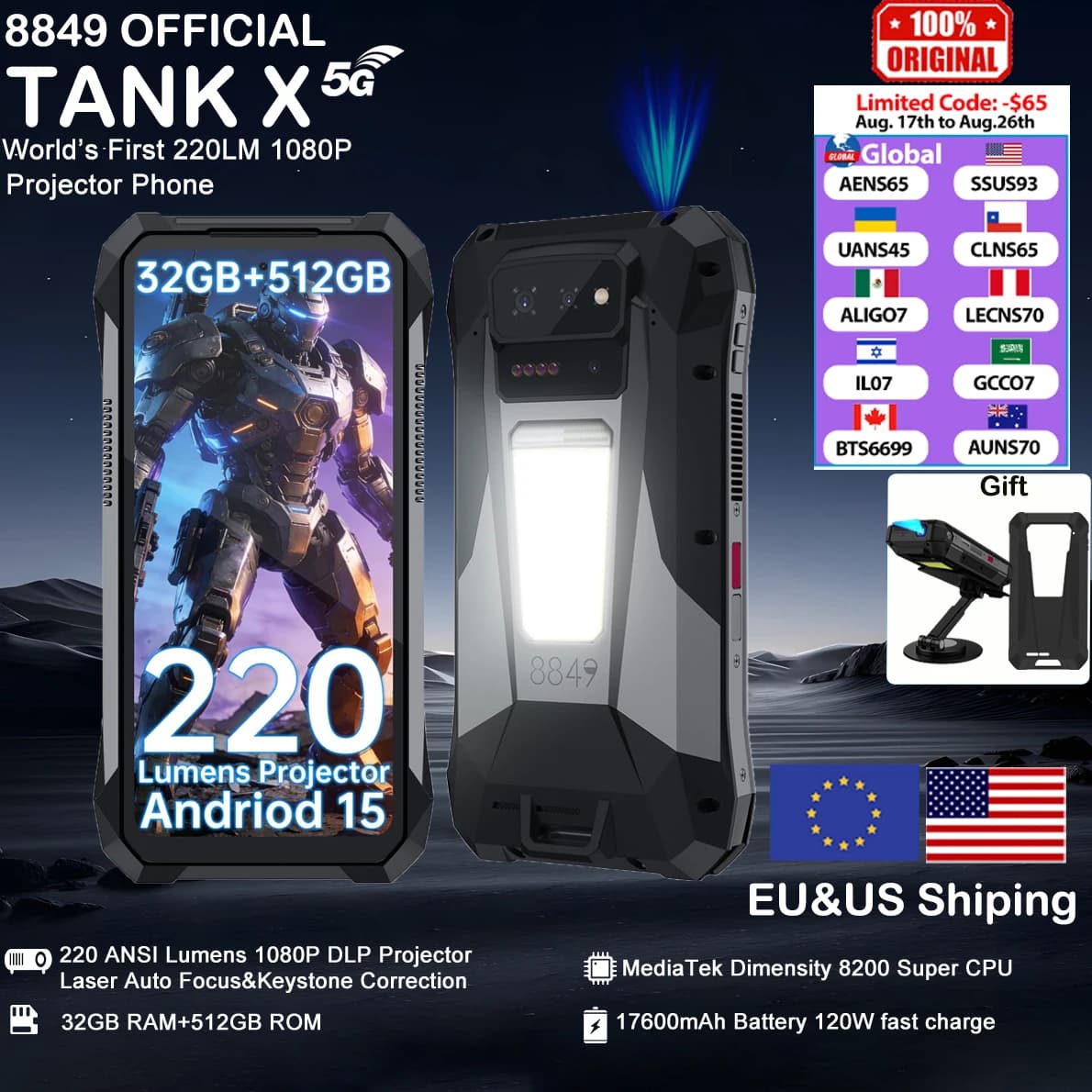 8849 Tank X Unihertz 220 Lumens Android 15 Projector Rugged Smart Phone Support 1080P 17600mAh 32GB 512GB 5G Dimensity 8200