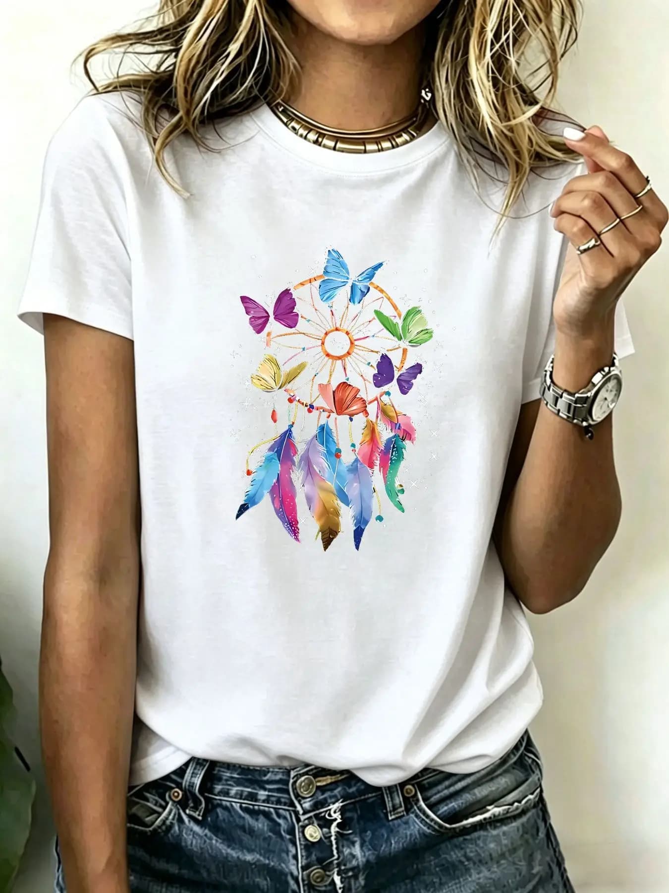 Plus-size Women's T-shirts, Casual Round-neck Cotton T-shirts with Colorful Watercolor Dreamcatcher Print, Super Soft Breatha