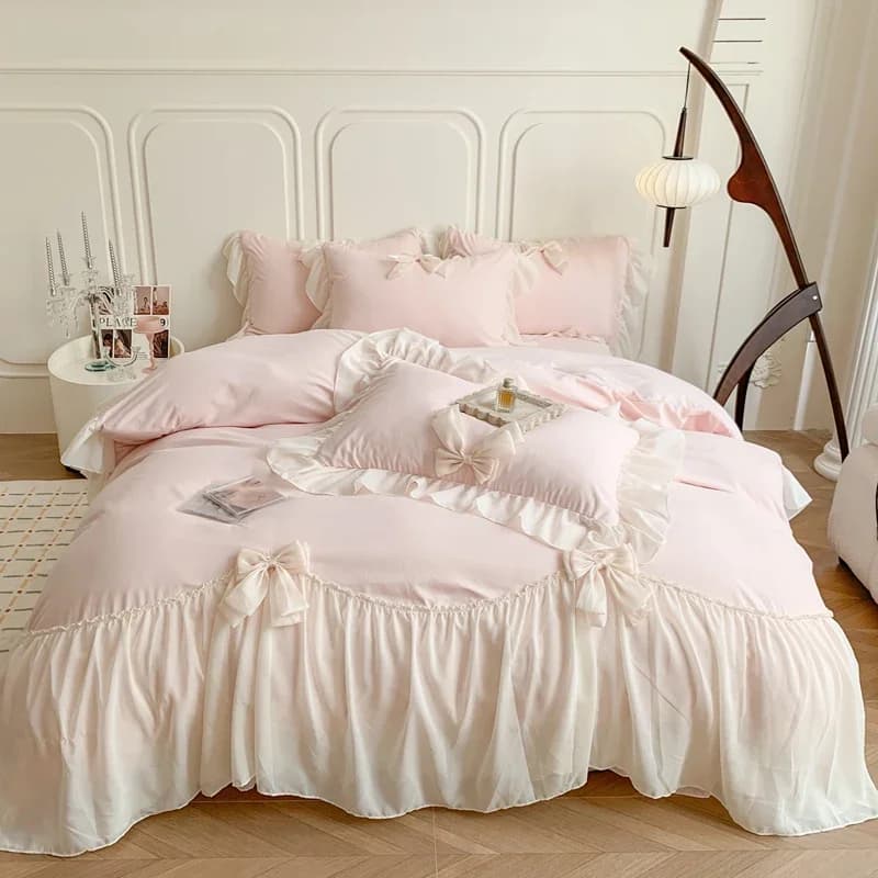 Set of bed linen in lace Chiffon pink france romantic princess wedding volant bow soft duvet linzuolo fabrics for the house