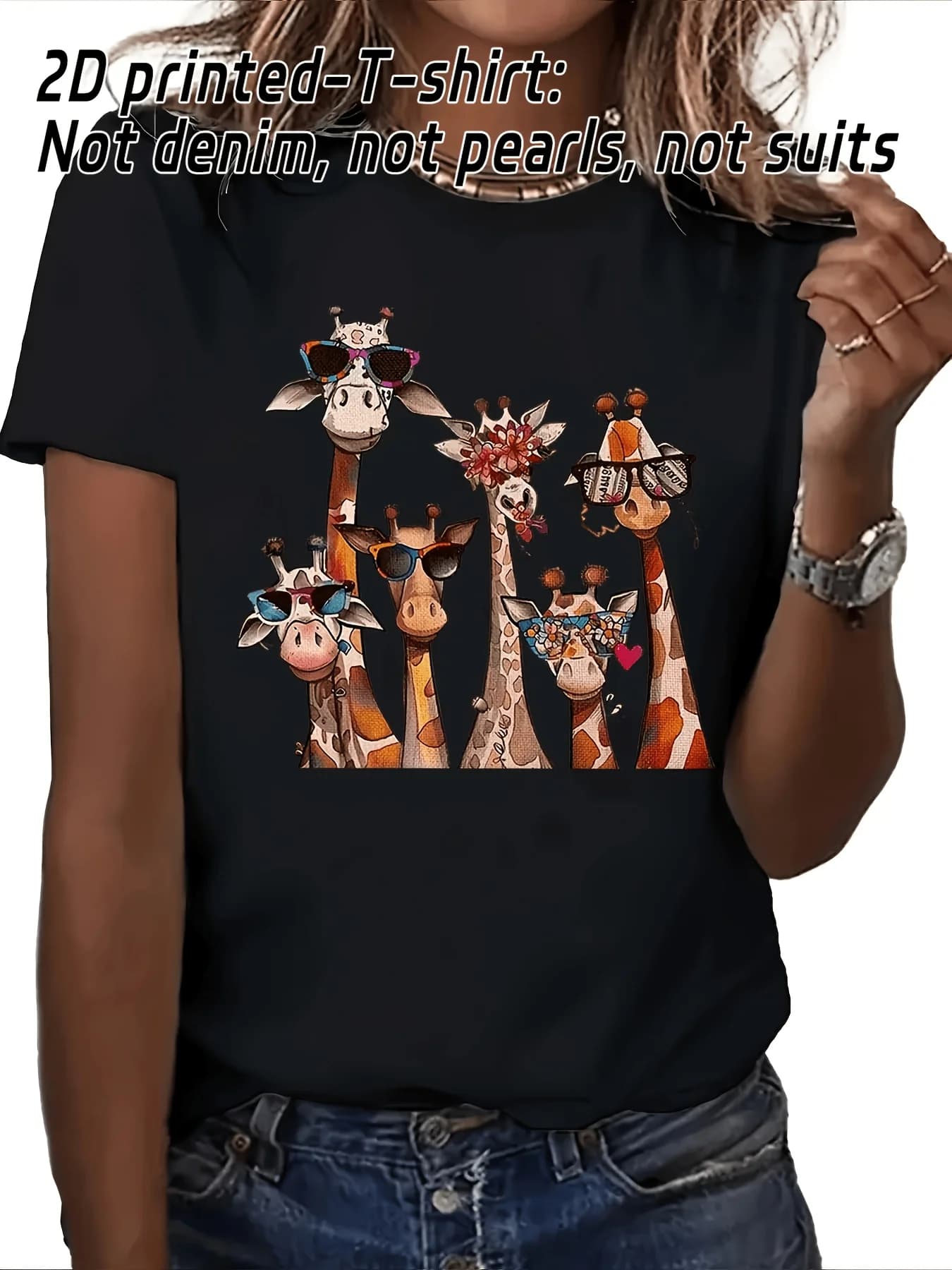 Cool Giraffe Happy Giraffe Printed T-shirt with Sunglasses Polyester Knitted Fabric Round Neck Suitable for All Seasons Wearing