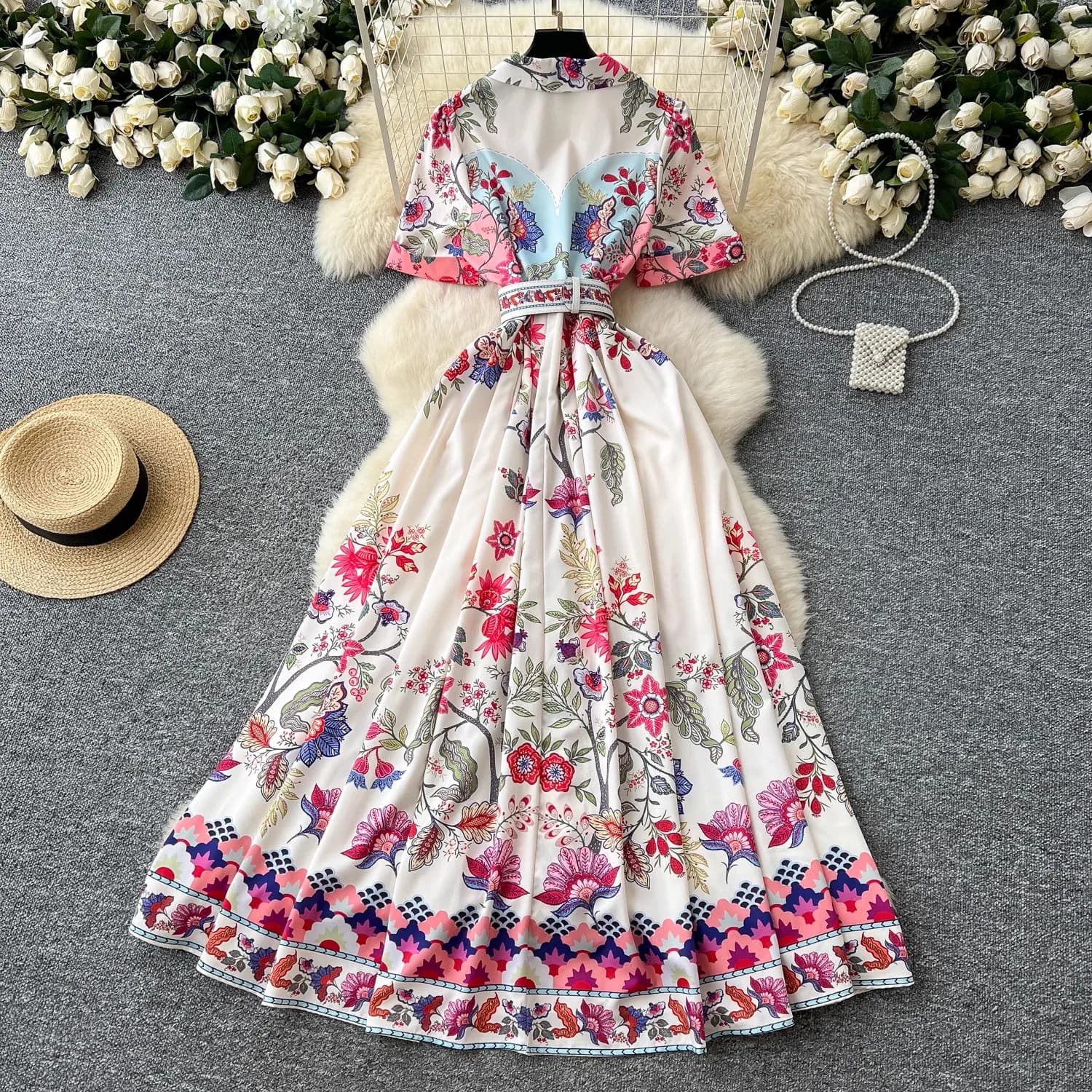 Abito Lungo Estivo Boho Floreale da Donna con Maniche Corte, Cintura a V, Stile A-Line, per Feste in Spiaggia, con Bottoni di Perle