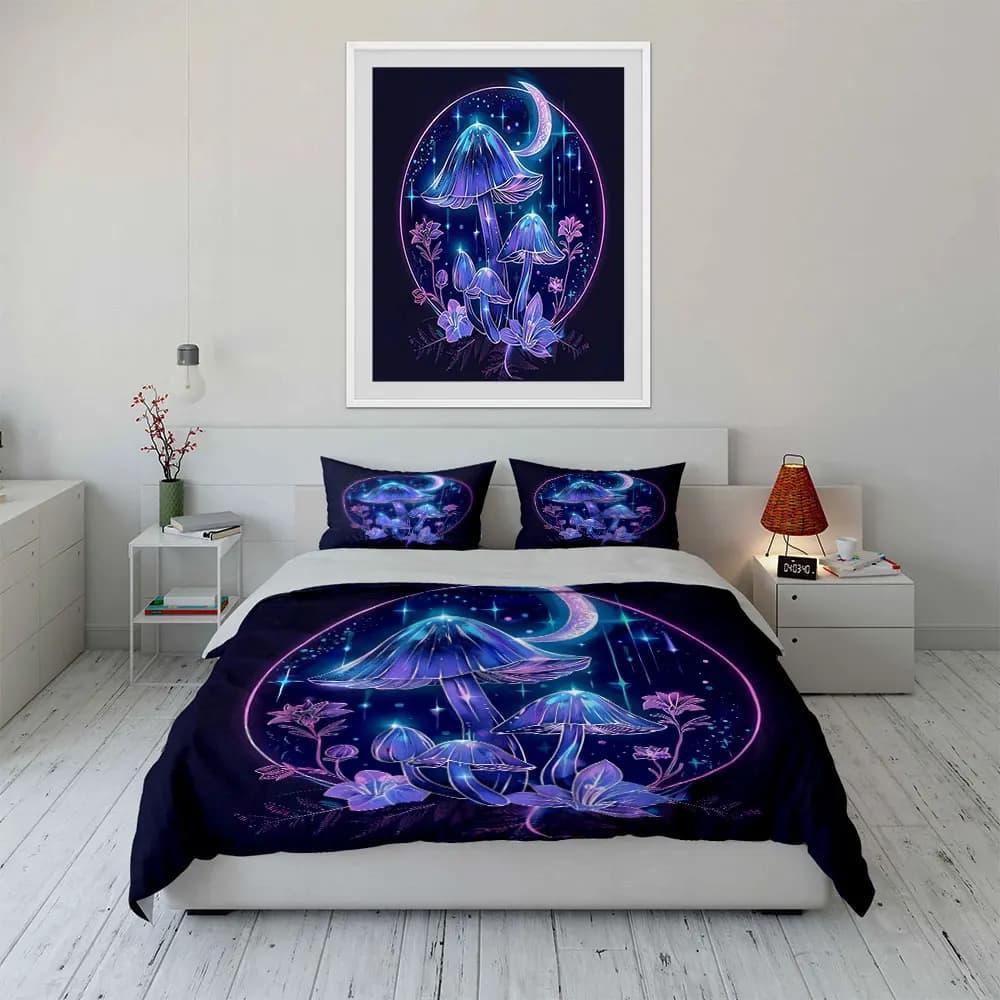 Set di biancheria da letto con motivo artistico a forma di fungo luminoso, con 1 copripiumino e 2 federe, disponibile nelle misure singolo, matrimoniale, king e queen, idea regalo