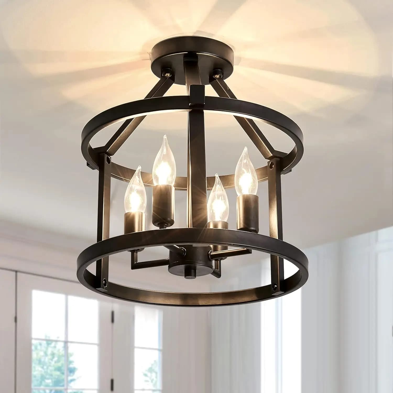Lampadario a Soffitto Semi-Flush in Metallo con 4 Portalampade, Finitura Opaca, Stile Rustico per Sala da Pranzo e Camera da Letto