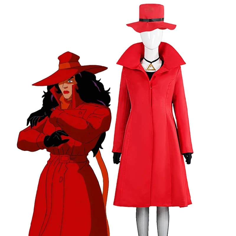 Anime Cosplay Carmen Sandiego Costume Donna Abito rosso Lungo Trench Cappello Soprabito Fantasia Natale Carnevale Festa Gioco di ruolo Vestito