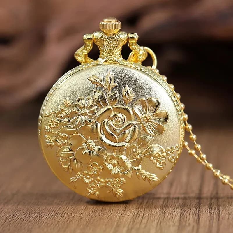 Orologio da tasca al quarzo con fiore in oro di lusso Stampa fronte-retro Design alla moda Ciondolo Fob Catena per orologi Regali per uomo