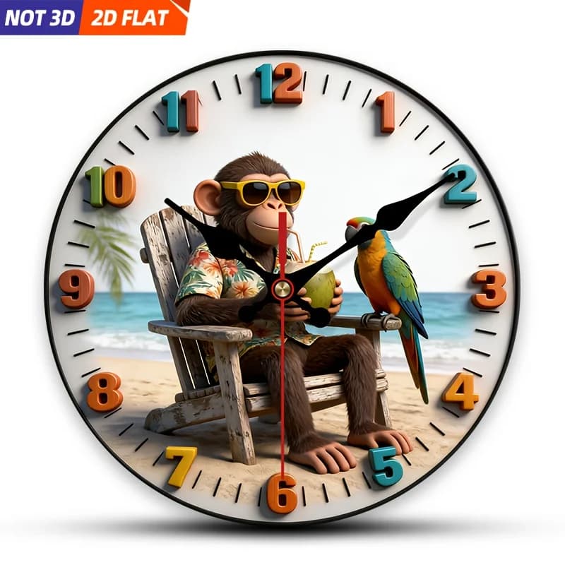 2D Piatto. 1 pezzo. Orologio da parete con tema scimmia in vacanza al mare, silenzioso e decorativo. Un'aggiunta creativa per la tua camera da letto e il tuo soggiorno