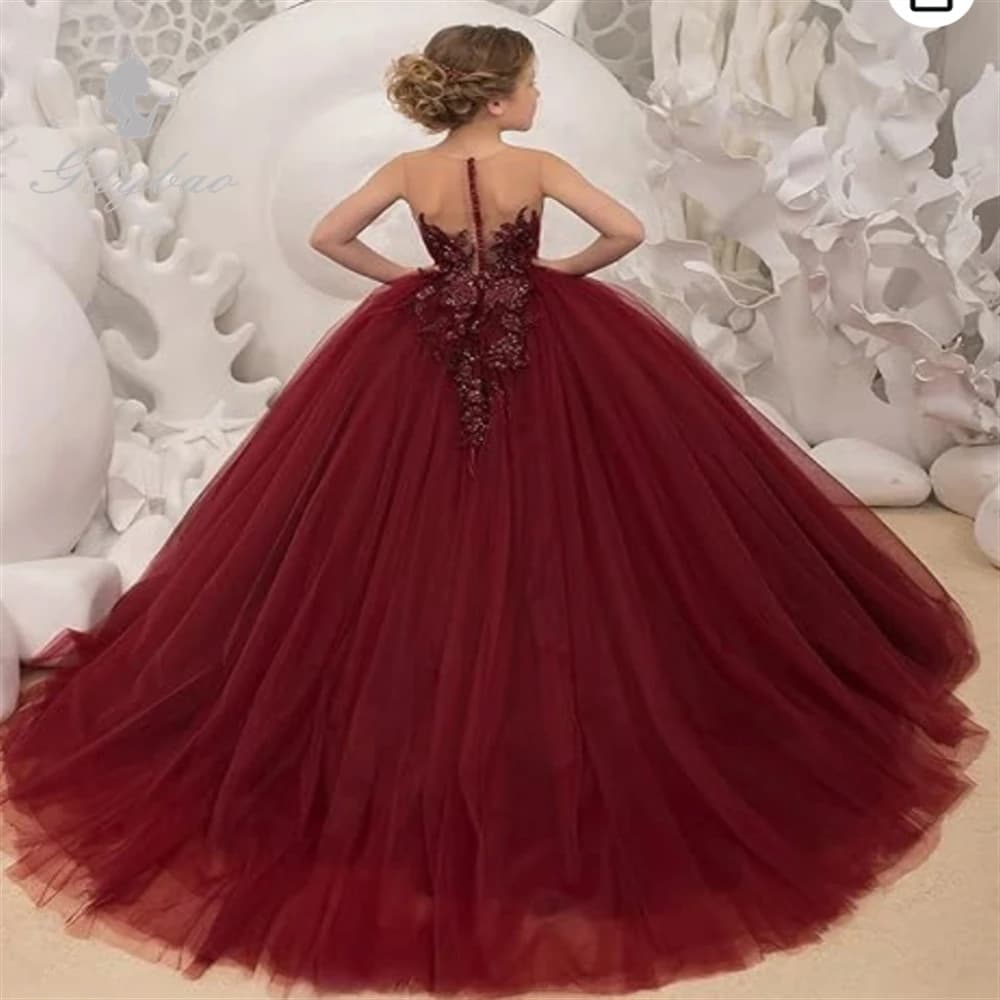 Abito da ragazza di fiori per abiti da spettacolo senza maniche da principessa con applicazioni in pizzo da sposa. Ballo lungo da festa