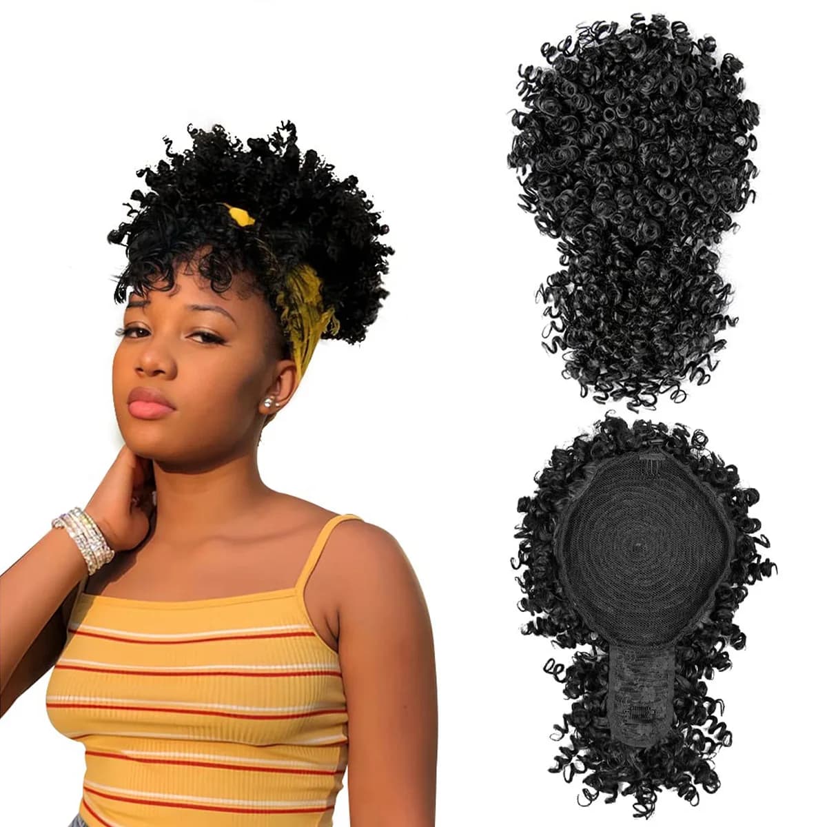 Coda di cavallo con coulisse sintetica Afro Puff con frangia ananas Updo Hair per donne nere, panino a coda di cavallo riccio crespo corto (1B)