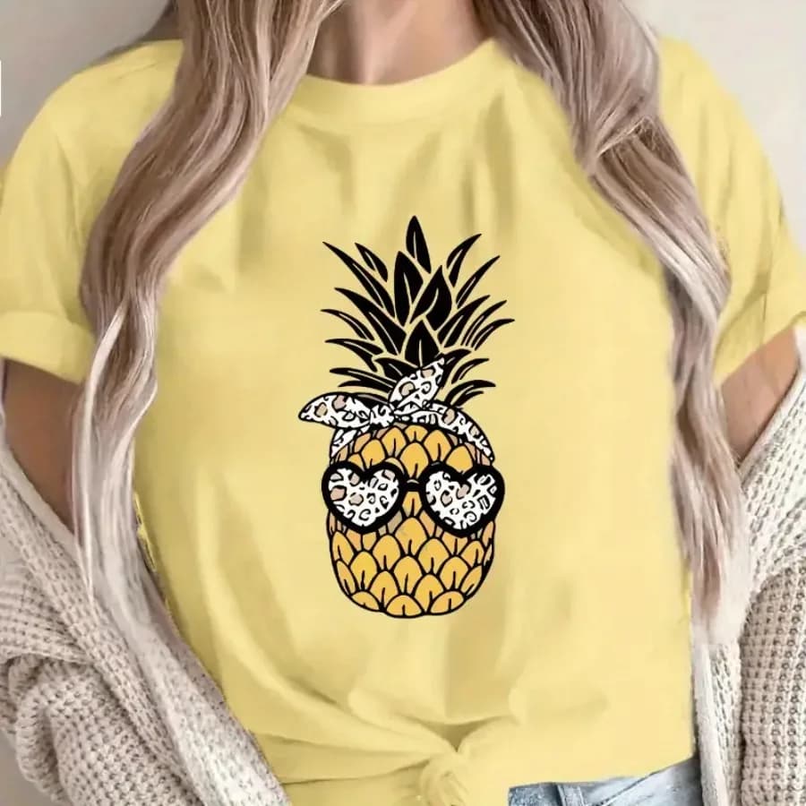 【Nuovo arrivo】 Occhiali da sole da donna con stampa di ananas e leopardo, t-shirt grafica con bandana, maglietta estiva casual a maniche corte con scollo rotondo