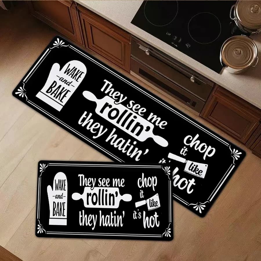 1/2/3Pcs Flannel Kitchen Mat—Funny Kitchen Floor Mat Flannel Rug Anti-Slip Doormat Modern Home Decor Area Rug For Kitchen Bathroom Living Room Aesthetic Black Kitchen Rug—Soft,Comfortable,Suitable For Bathroom,Bedroom,Kitchen,Laundry Room