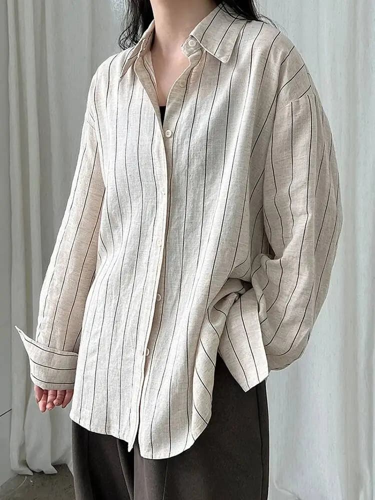 Camicetta casual da donna in lino a righe albicocca di grandi dimensioni Nuova camicia a maniche lunghe con risvolto Moda marea Primavera Autunno