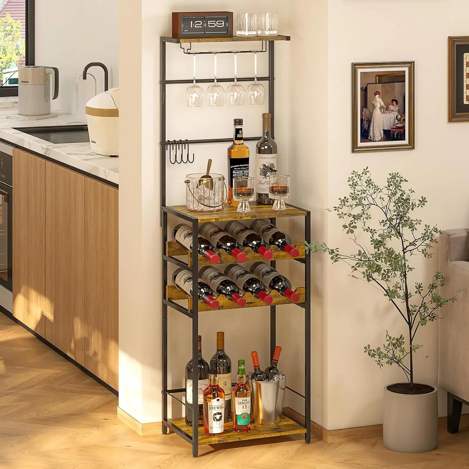 Portabottiglie Angolare a 5 Ripiani con Portabicchieri e Ganci, Mobile Bar Indipendente per Piccoli Spazi, Contiene 8 Bottiglie