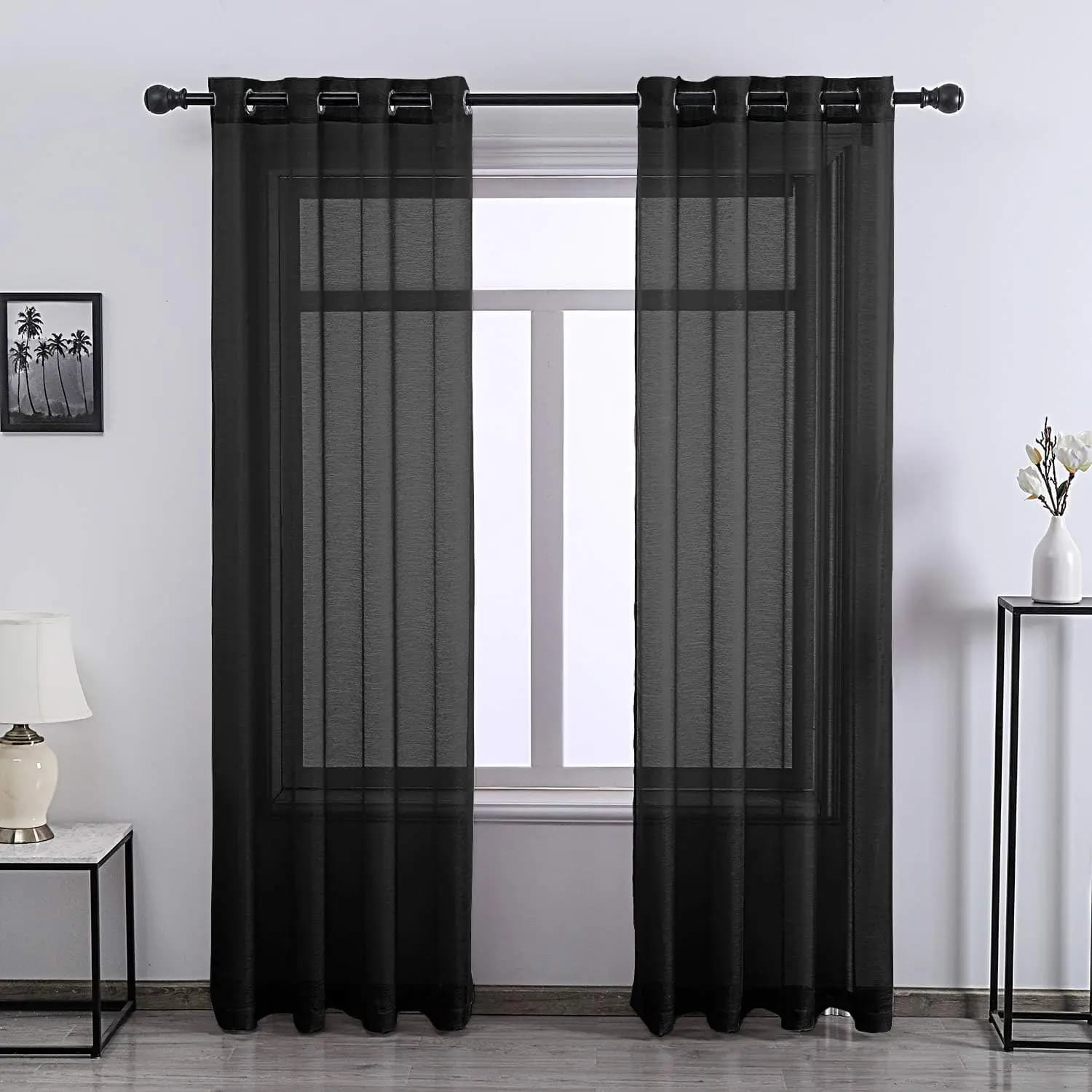 Tende in voile semitrasparenti per camera da letto, pannelli neri con anelli, 52x84 pollici, set da 2