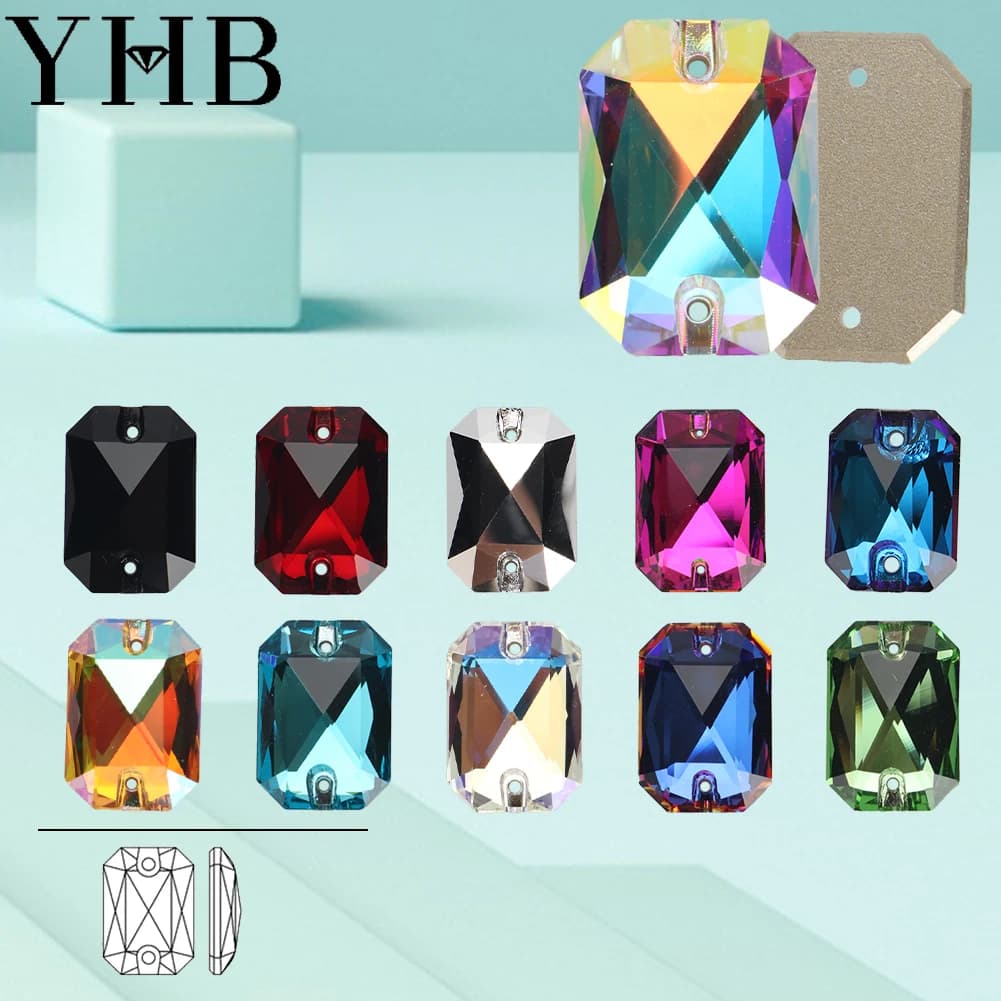 YHB Vetro taglio smeraldo Siam Acquamarina Cristallo AB Pietre da cucire Flatback Cucire su strass per borse per abiti
