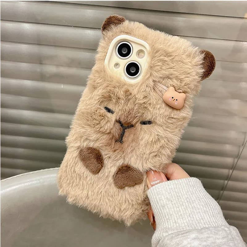 Ins coreano carino 3D Capybara custodia morbida per iPhone 15 Pro Max custodia 14 Plus 13 12 11 Winter Furry Fluffy Fur Cover antiurto Coque