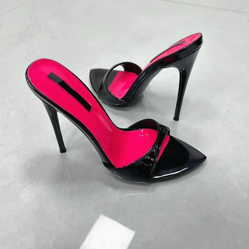 Moda Donna Tacchi a spillo neri Pantofola da 12 cm Tacchi alti Laser Rosso all'interno Sandalo Punta a punta Scarpe da sposa con cinturino alla caviglia