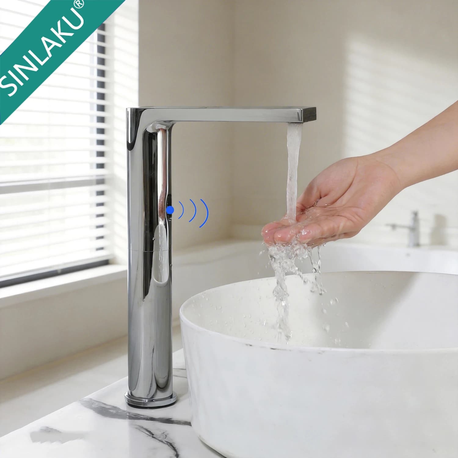 SINLAKU Automatic Sensor Faucet Bathroom Basin Faucets Deck Mounted Stream Touch Free With Hot Cold Water Mixer Taps Silver