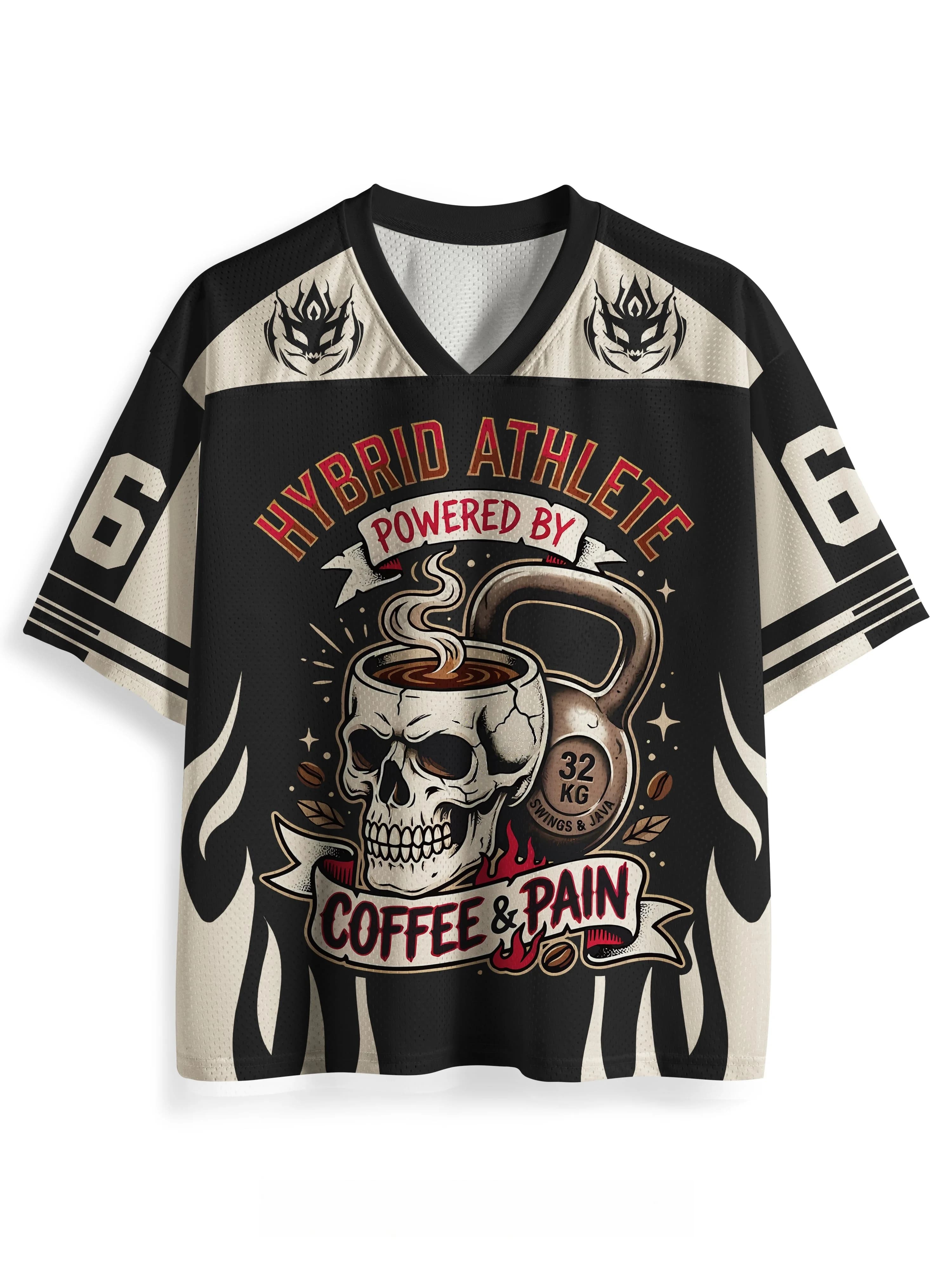 Skull Coffee Kettlebell Graphic Mesh Jersey Unisex V‑Neck Short Sleeve Loose Breathable Sports Tops