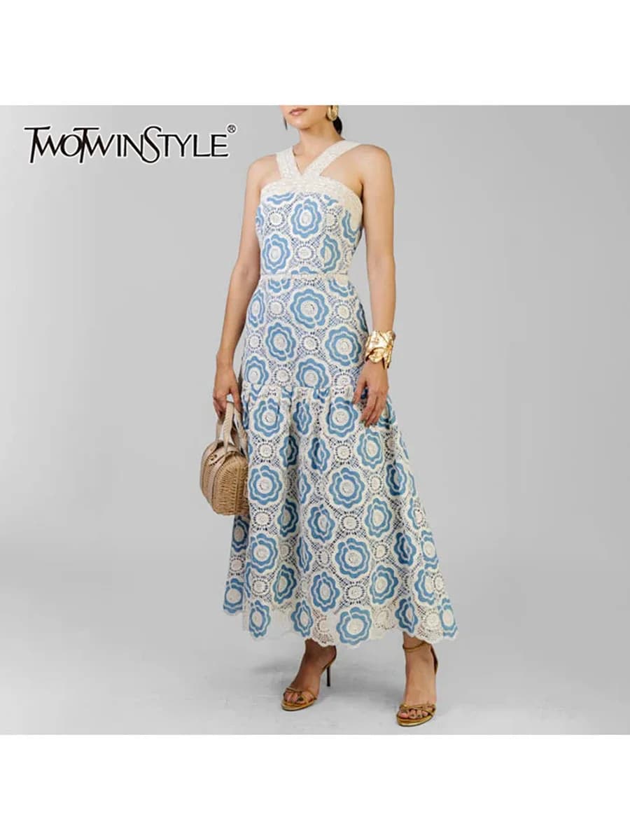 TWOTWINSTYLE Hit Color Dimagrante Scava Fuori Abiti Per Le Donne Con Scollo A V Senza Maniche A Vita Alta Temperamento Abito Moda Femminile Nuovo