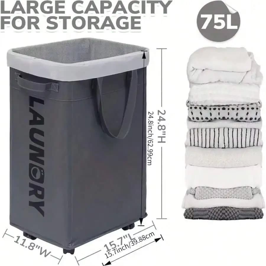 Convenient With Four Wheels And Handle, Hamper, Built-In Laundry Bag Storage Pocket, Large Capacity Dirty Clothes Basket