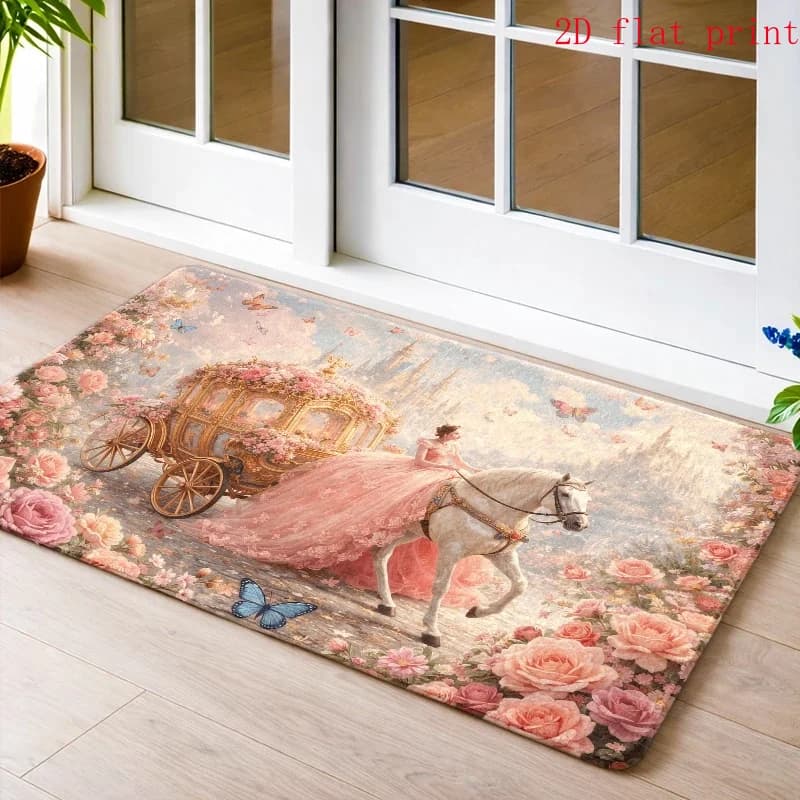 Princess-Themed Carpet Suitable for Room Floor Mat - Soft Flannel Oval with Carriage, White Floor Mat for Door Entryway, Durable Floor for ', 2D Flat