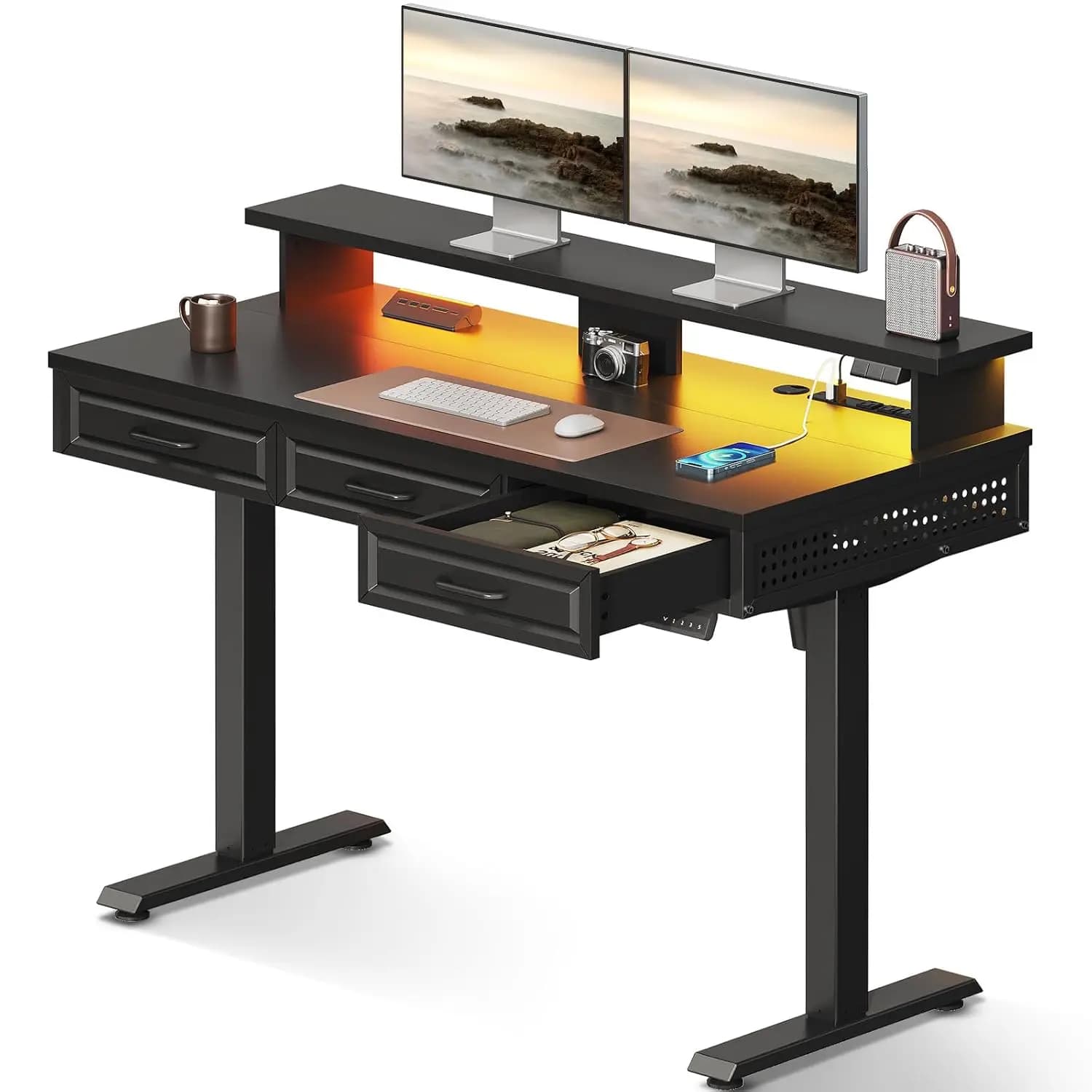 Scrivania Elettrica Regolabile 48 Pollici con Cassetti, Prese Elettriche, LED, Supporto Monitor, per Ufficio, Personalizzabile