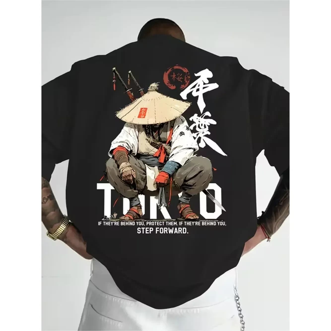Unisex Short Sleeve T Shirt Double Sided Design Cross Sword Chinese Characters Front Tiger Samurai Comic Pattern Back I For Casual Summer Round Neck Style 100 Cotton 180g