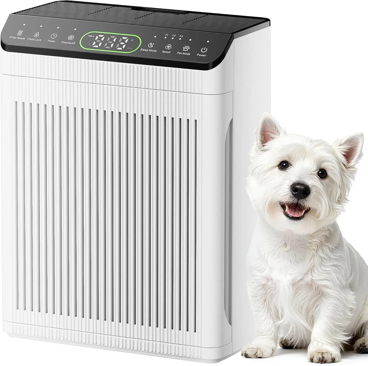 Purificatore d'aria per ambienti di grandi dimensioni con filtri lavabili, display PM2.5, aromaterapia per fumo, polvere e odori, bianco