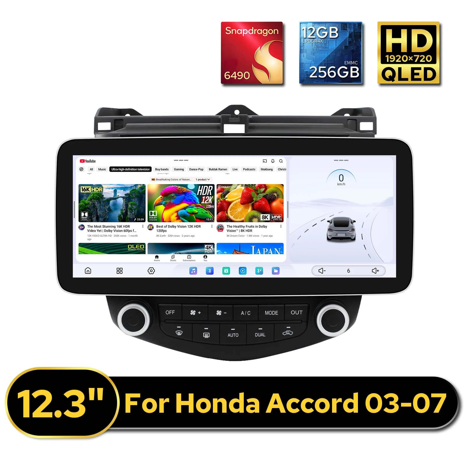 JOYING 12.3 Pollici QLED 1920*720 Display Lettore Multimediale Per Auto Android Per Honda Accord 2003-2007 Controllo Volante Diritto