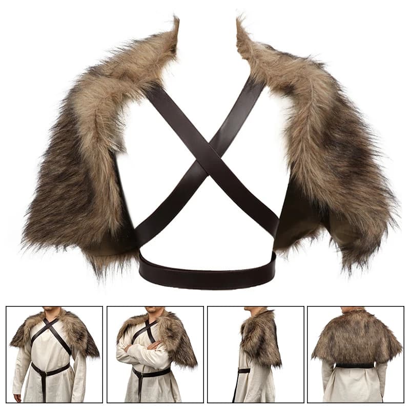 Mantello vichingo Collo in pelliccia sintetica Mantello Abbigliamento invernale medievale Scialle da guerriero re con mantello con cinturino sul petto Costume cosplay di Halloween